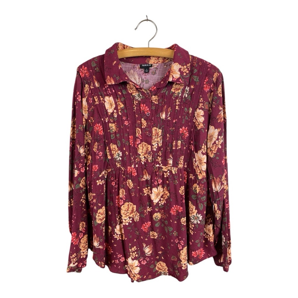 Torrid Burgundy Floral Women's Top Size 1 Cinched Baby Doll Office Flowy Comfy